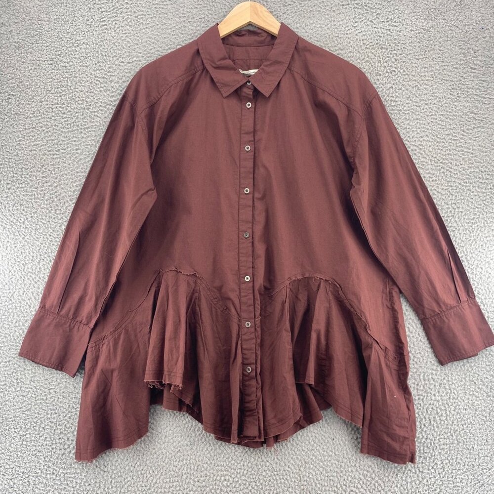 We The Free Brown Button-Down Ruffle Hem Shirt